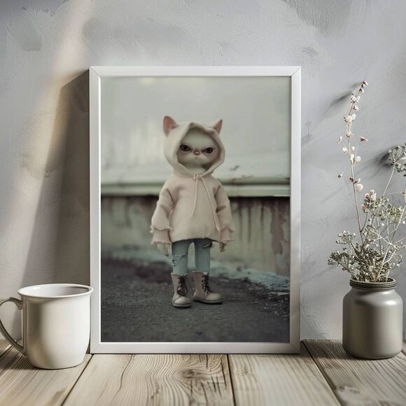 Original Cat with Hoodie Art Print + Digital Copy, Anthropomorphic Cat - Picture 1 of 10